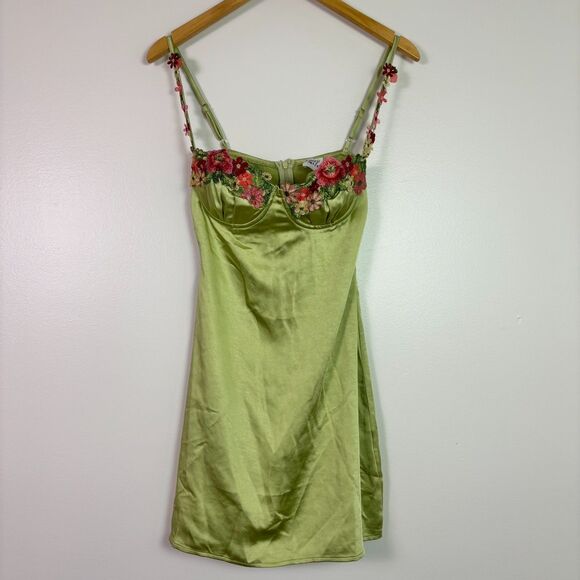 Princess Polly Kenzie Green Satin Mini Dress Size 2 Floral Embroidered Underwire - Picture 12 of 15